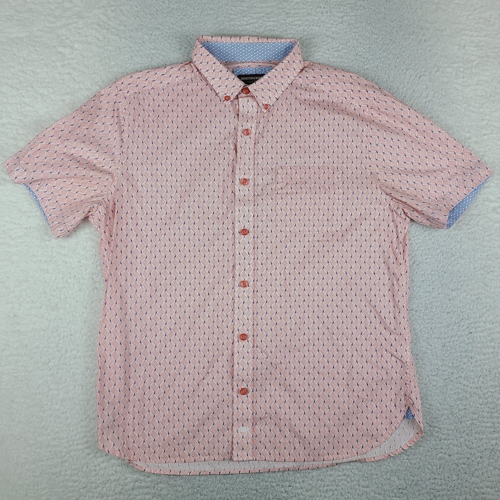 Johnston Murphy Shirt Mens Medium Red Blue Geometric Preppy Hawaiian Button Up